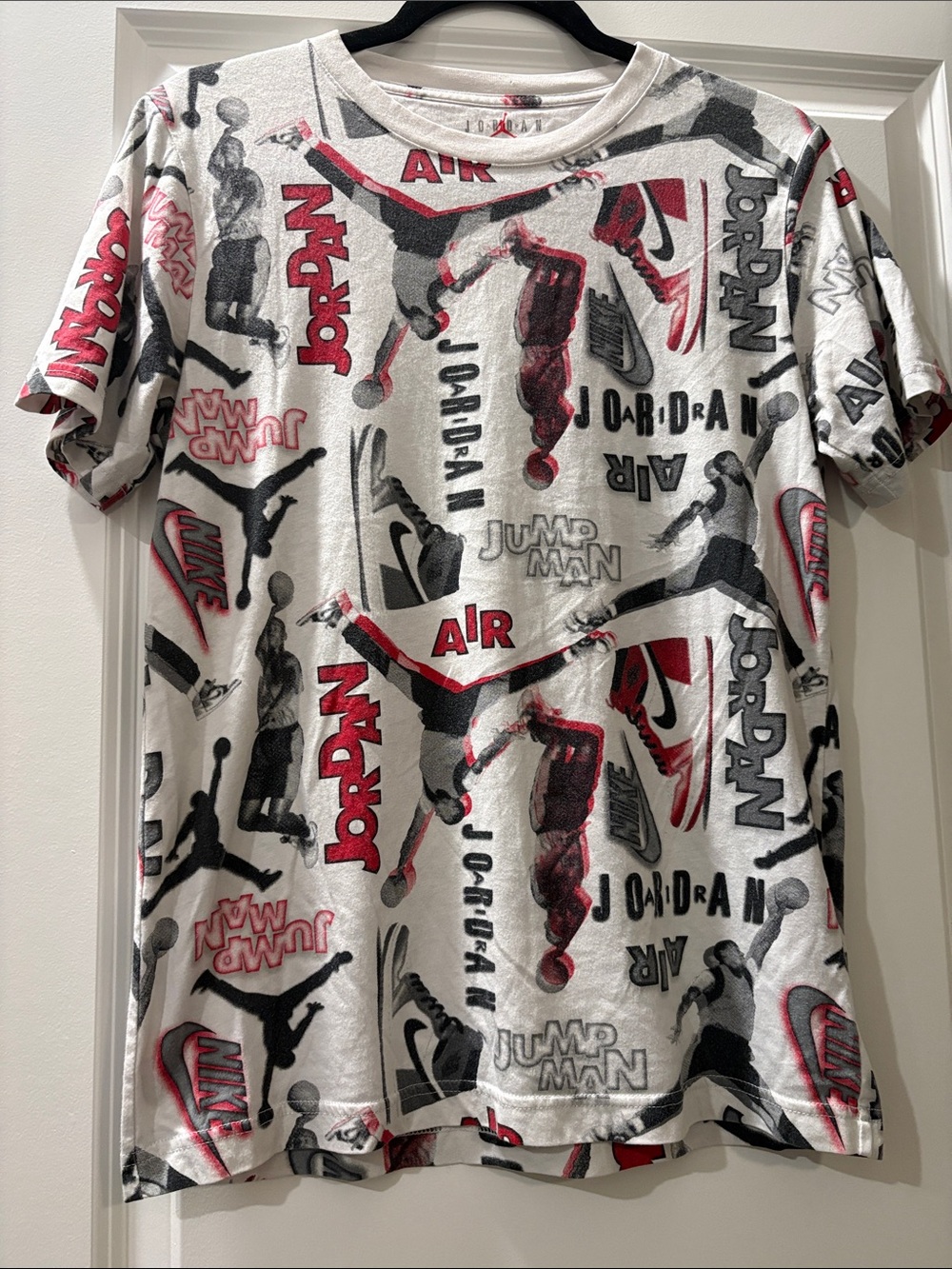 Jordan Allover Graphic Tee in White, Red & Black
